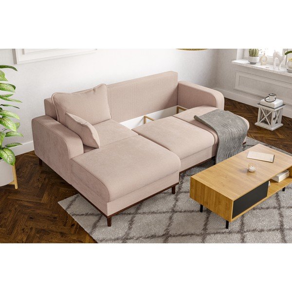 Colțar bej cu tapițerie din catifea reiată  (cu colț pe partea stângă ) Beata – Ropez-image-1