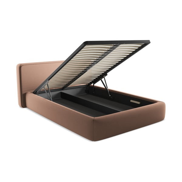 Pat matrimonial roz deschis tapițat cu spațiu de depozitare cu somieră 140x200 cm Kiana – Makamii-image-3