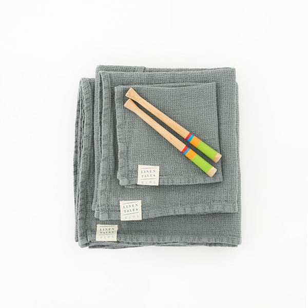 Prosop din in cu glugă pentru copii albastru 100x100 cm Waffle - Linen Tales-image-1