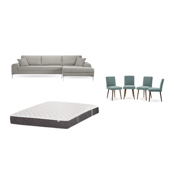 Set canapea gri deschis cu șezlong pe partea dreaptă, 4 scaune gri-verde și saltea 160 x 200 cm Home Essentials