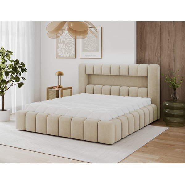 Pat matrimonial bej tapițat cu spațiu de depozitare cu somieră 160x200 cm Lamica – ELTAP-image-2
