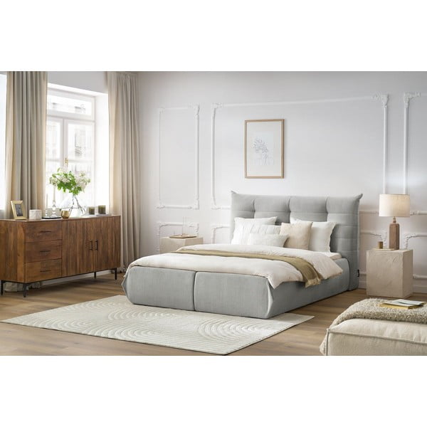 Pat matrimonial gri deschis tapițat cu spațiu de depozitare și somieră 160x200 cm Clothilde – Bobochic Paris-image-1