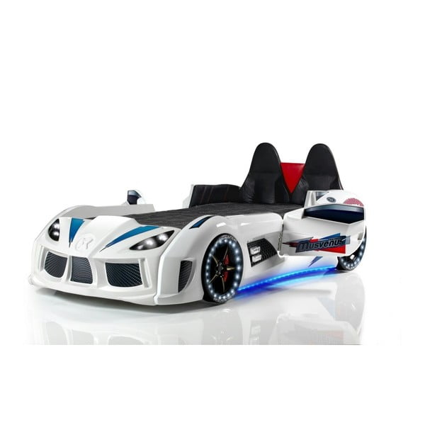 Pat în formă de automobil cu lumini LED pentru copii Racero, 90 x 190 cm, alb