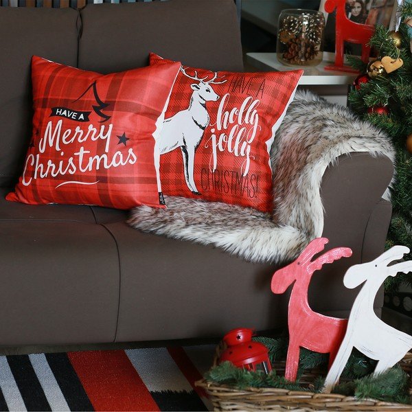 Față de pernă cu model de Crăciun Mike & Co. NEW YORK Christmas Deer Holly Jolly, 45 x 45 cm, roșu-image-1