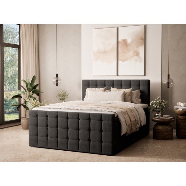 Pat boxspring gri antracit cu spațiu de depozitare 200x200 cm Tasca – Maison de Rêve-image-1
