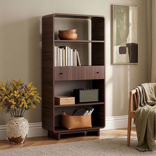 Bibliotecă în culoare naturală închisă cu aspect de lemn de nuc 78x153x34 cm Senza – Nordure-image-2