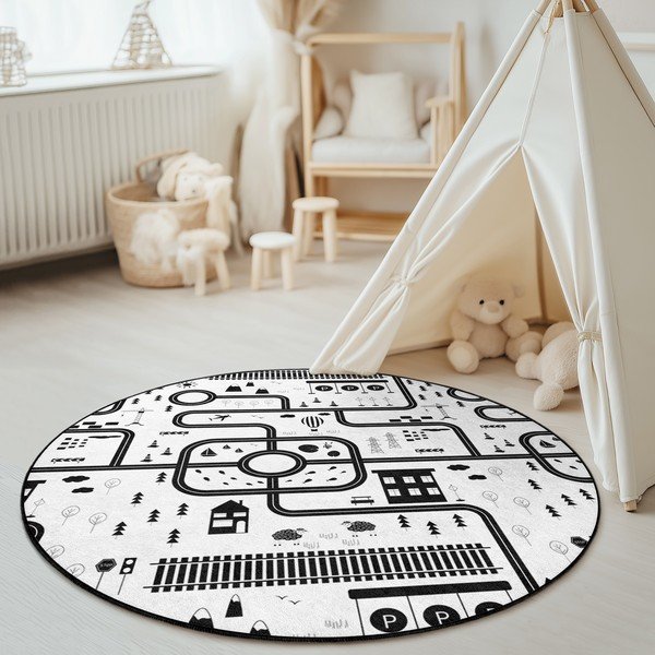 Covor de joacă pentru copii alb-negru lavabil ø150 cm In My Town – Mila Home-image-1
