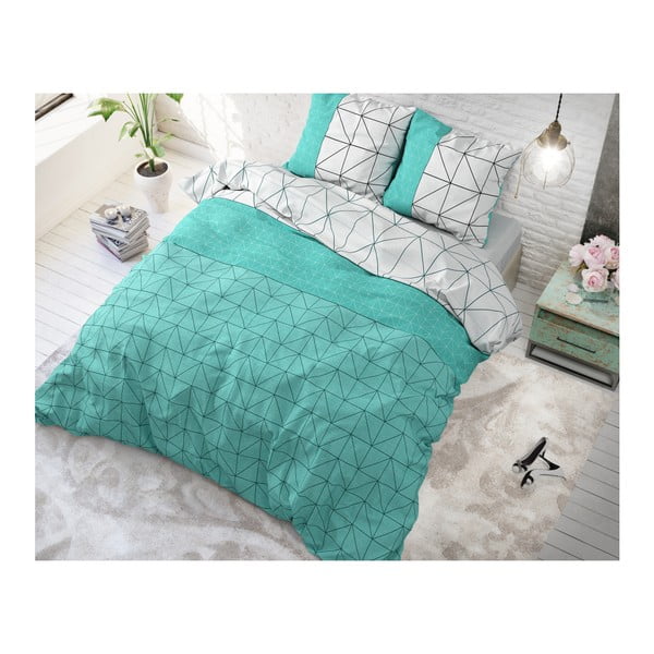 Lenjerie de pat din micropercal Sleeptime Gino, 200 x 220 cm, verde-alb