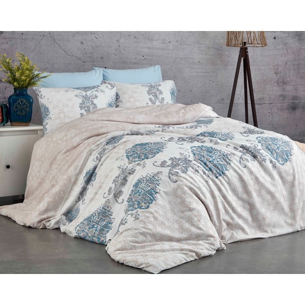 Lenjerie de pat albastru-bej din bumbac pentru pat dublu 200x200 cm Daisy – Mijolnir