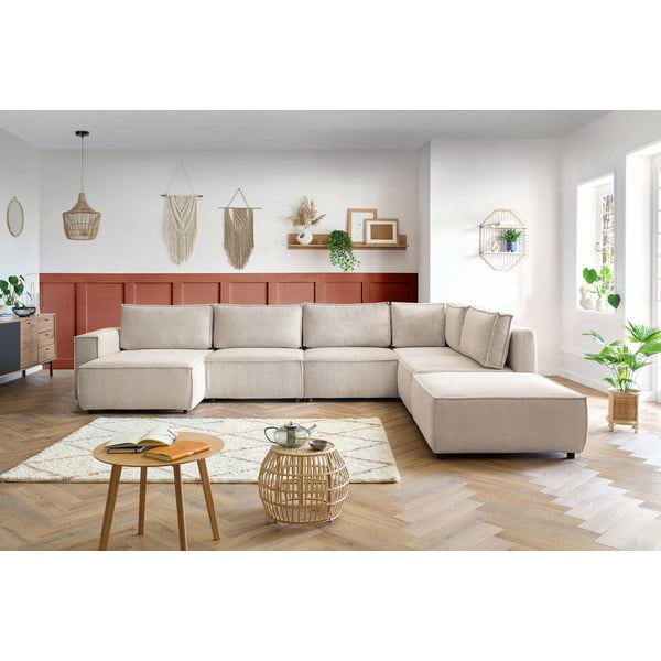 Colțar crem cu tapițerie din catifea reiată  (cu colț pe partea dreaptă/în formă de "U") Nihad modular – Bobochic Paris-image-1