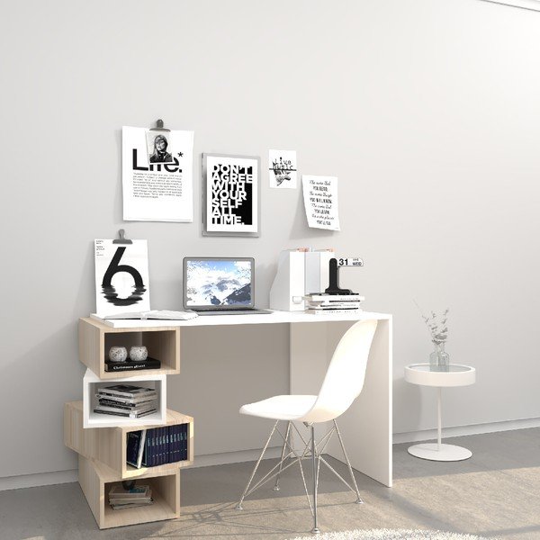 Birou cu detalii maro deschis Damon, lățime 120 cm, alb-image-1