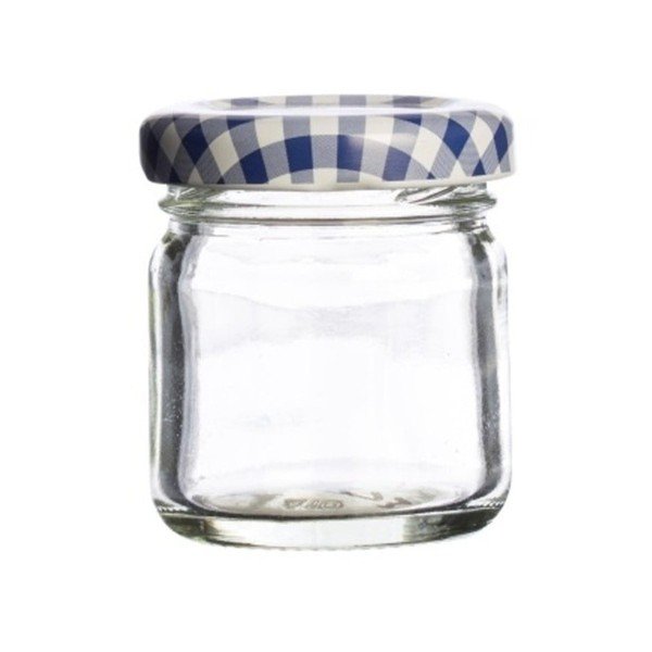 Borcan din sticlă cu capac albastru Kilner Round, 43 ml