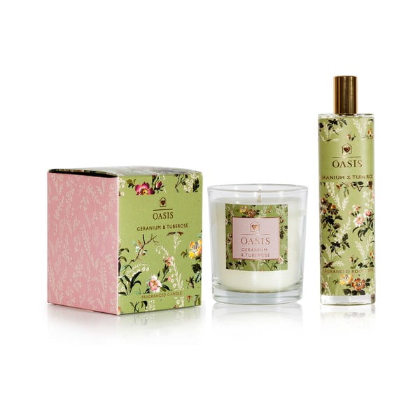 Set lumânare parfumată și spray de interior cu aromă de geranium și tuberoză Bahoma London Oasis Leighton