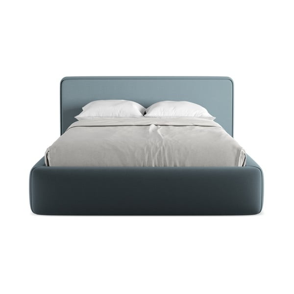 Pat matrimonial albastru tapițat cu spațiu de depozitare cu somieră 140x200 cm Kiana – Makamii-image-4