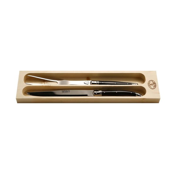 Set cuțit din inox și furculiță pentru porționat friptura în suport din lemn Jean Dubost Carving Black