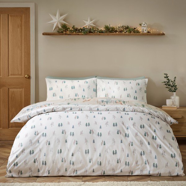 Lenjerie de pat în culoare naturală din flanelă pentru pat de o persoană 135x200 cm Brushed Christmas Deer – Catherine Lansfield-image-1