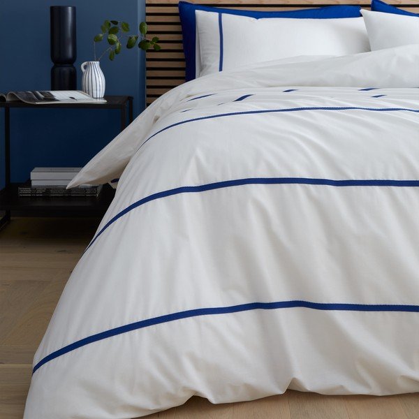 Lenjerie de pat albă/albastră din bumbac pentru pat de o persoană 135x200 cm Herringbone Trim Stripe – Content by Terence Conran-image-1