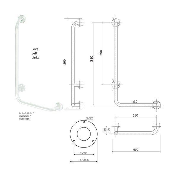 Mâner de siguranță pentru baie de montat pe perete din oțel inoxidabil 63 cm Handicap Left – Sapho-image-2