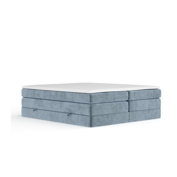 Pat boxspring albastru cu spațiu de depozitare/fără tăblie 200x200 cm Juniper – Maison de Rêve