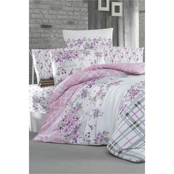 Lenjerie de pat cu cearșaf pentru pat dublu Pure Cotton Nature Lila, 200 x 220 cm