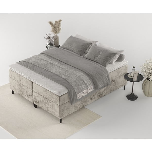 Pat boxspring maro deschis cu spațiu de depozitare 200x200 cm Araya – Maison de Rêve-image-1