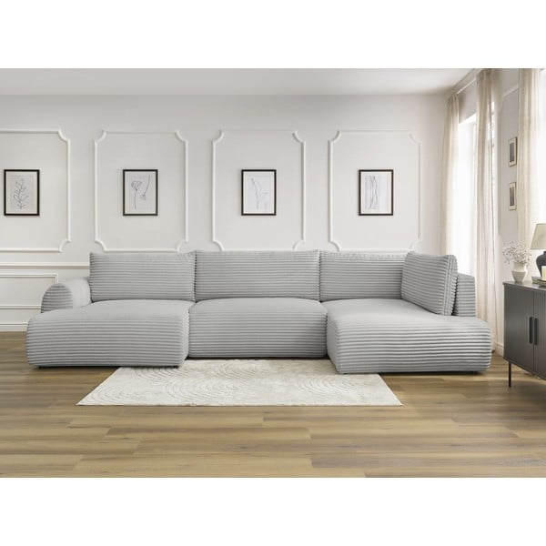 Colțar gri deschis extensibil/cu spațiu de depozitare cu tapițerie din catifea reiată  (cu colț pe partea dreaptă/în formă de "U") Lucien – Bobochic Paris-image-1