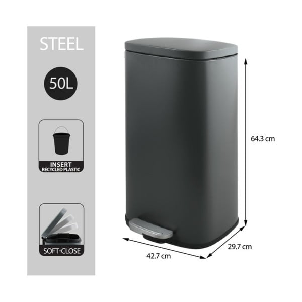 Coș de gunoi gri închis cu pedală din oțel 50 l   Akira – Spirella-image-2