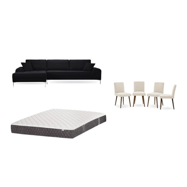 Set canapea neagră cu șezlong pe partea stângă, 4 scaune crem și saltea 160 x 200 cm Home Essentials