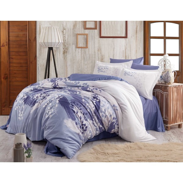 Lenjerie de pat din bumbac satinat pentru pat dublu cu cearșaf Hobby Noemi, 200 x 220 cm, albastru