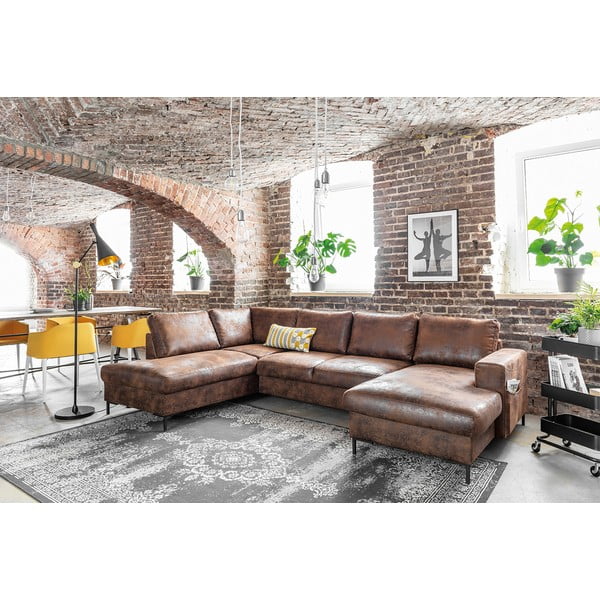 Canapea extensibilă în formă de „U” din imitație de piele cu șezlong pe partea stângă Miuform Lofty Lilly Vintage, maro-image-3