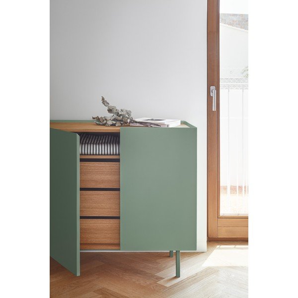 Comodă verde joasă cu aspect de lemn de stejar 110x85 cm Arista – Teulat-image-1