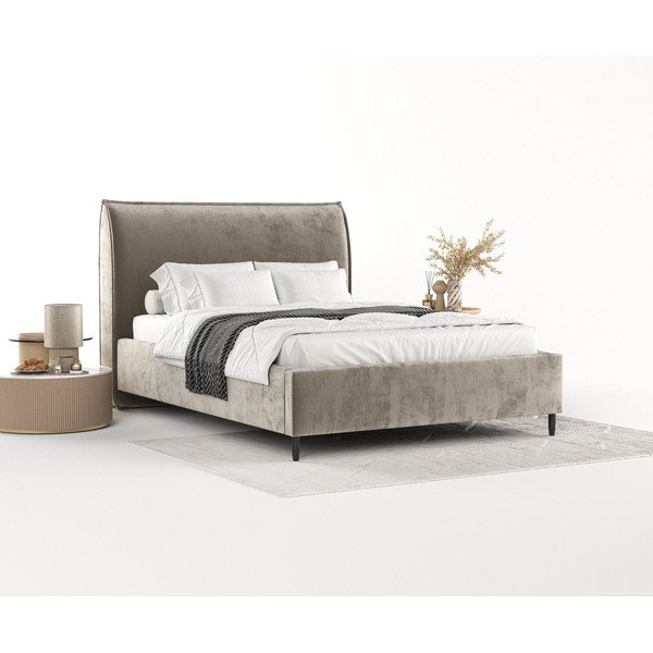 Pat matrimonial bej tapițat cu spațiu de depozitare cu somieră 180x200 cm Shell – Maison de Rêve-image-1