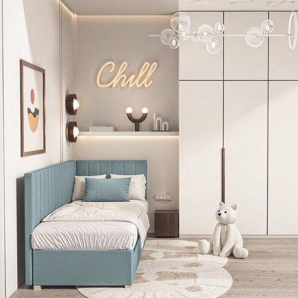 Pat pentru copii  albastru pe colț cu spațiu de depozitare cu saltea 90x200 cm Snugi – Ghado-image-1