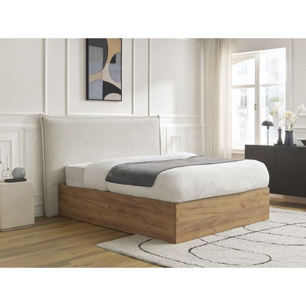 Pat matrimonial crem tapițat/din  placă aglomerată de lemn tapițat cu spațiu de depozitare cu somieră 160x200 cm Charlie – Bobochic Paris-image-2