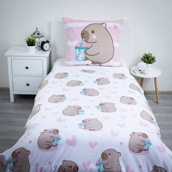 Lenjerie de pat pentru copii roz din bumbac pentru pat de o persoană 140x200 cm Kapybara – Jerry Fabrics-image-2