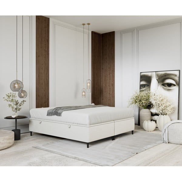 Pat matrimonial crem tapițat cu spațiu de depozitare 200x200 cm Tate – Maison de Rêve-image-4