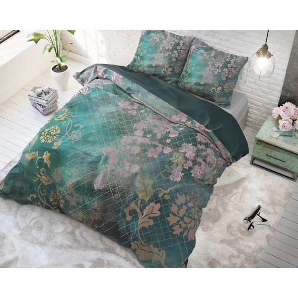 Lenjerie de pat din bumbac, pentru pat de o persoană Pure Cotton Tiran Flower Green, 140 x 200 cm-image-1