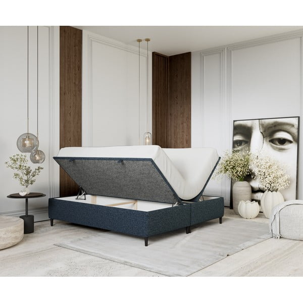 Pat matrimonial albastru închis tapițat cu spațiu de depozitare 180x200 cm Tate – Maison de Rêve-image-2