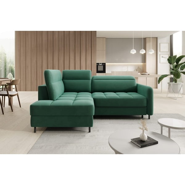 Colțar verde extensibil/cu spațiu de depozitare cu tapițerie din catifea (cu colț pe partea stângă/în formă de ”L”) Barea – ELTAP-image-1