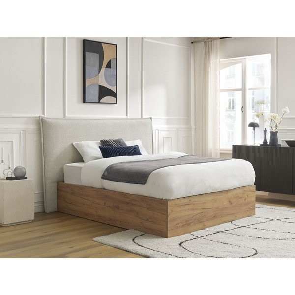Pat matrimonial crem tapițat/din  placă aglomerată de lemn tapițat cu spațiu de depozitare cu somieră 180x200 cm Charlie – Bobochic Paris-image-4