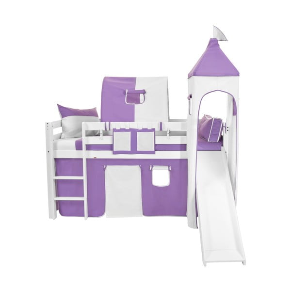 Pătuț alb cu tobogan pentru copii și set violet-alb din bumbac Mobi furniture Tom, 200 x 90 cm