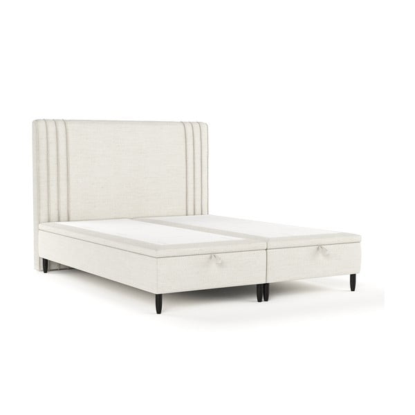 Pat matrimonial bej tapițat cu spațiu de depozitare 140x200 cm Musca – Maison de Rêve