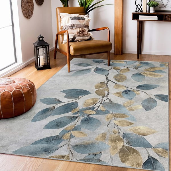Covor tip traversă albastru deschis/auriu lavabil 80x200 cm Golden Leaves – Mila Home-image-1