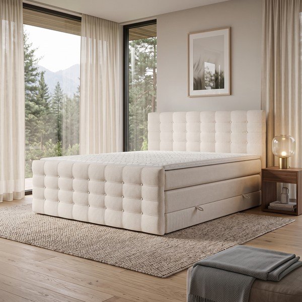 Pat boxspring crem cu spațiu de depozitare 200x200 cm Blend – Maison de Rêve-image-1