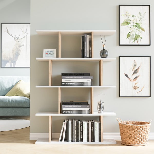 Bibliotecă albă/cu aspect de lemn de stejar 90x127 cm Harmon – Kalune Design-image-2