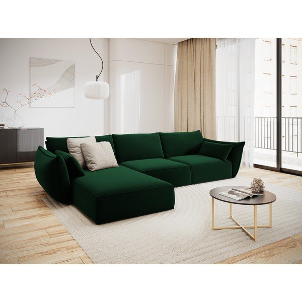 Colțar verde închis cu tapițerie din catifea (cu colț pe partea stângă, cu șezlong) Vanda – Mazzini Sofas-image-1