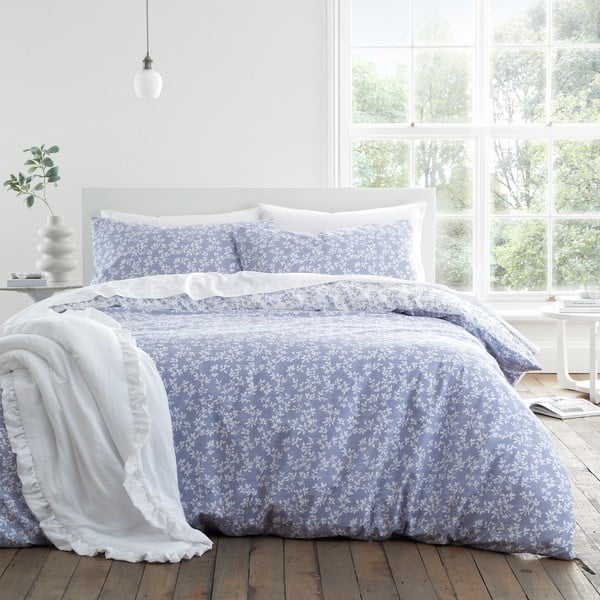 Lenjerie de pat albă/albastră din bumbac pentru pat de o persoană 135x200 cm Shadow Leaves – Bianca
