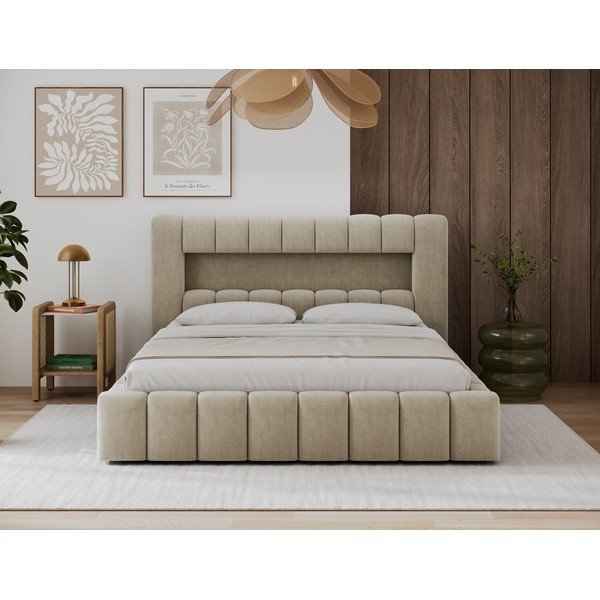 Pat matrimonial bej tapițat cu spațiu de depozitare cu somieră 140x200 cm Lamica – ELTAP-image-2