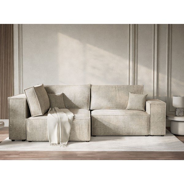 Colțar bej extensibil/cu spațiu de depozitare cu tapițerie din chenille (cu colț pe partea stângă/în formă de ”L”) Tonga – Maison de Rêve-image-1