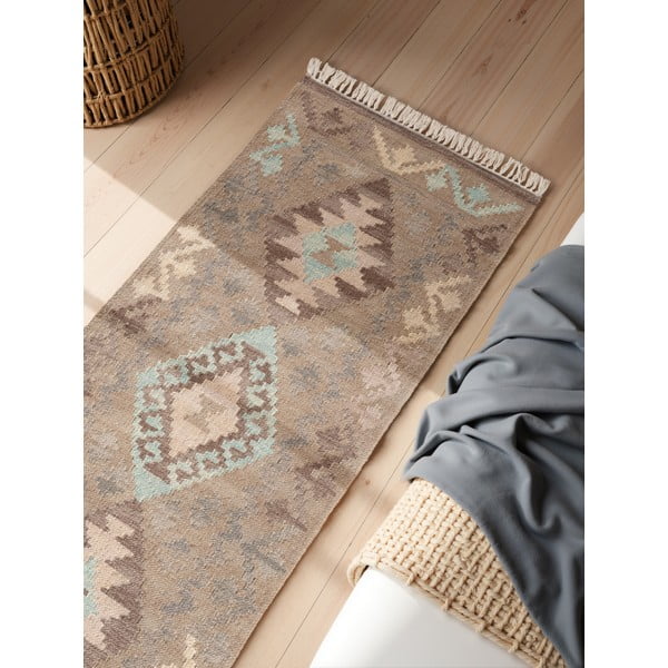 Covor tip traversă albastru deschis-bej reversibil, țesut manual din lână 60x190 cm Kamal Dune – Nouristan-image-2